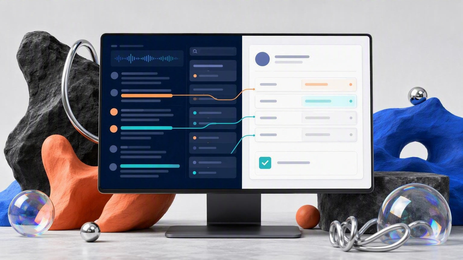Split-screen visual of meeting transcript evidence linked to proposed CRM updates requiring approval.
