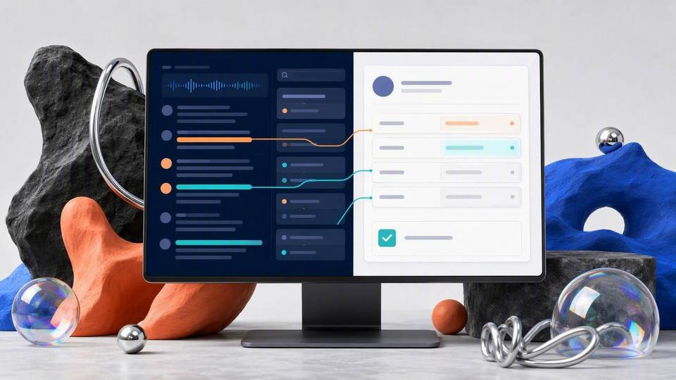 Split-screen visual of meeting transcript evidence linked to proposed CRM updates requiring approval.
